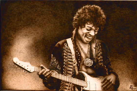 Jimi Hendrix, pirografia su massello di acero,  20x30cm.   2011.