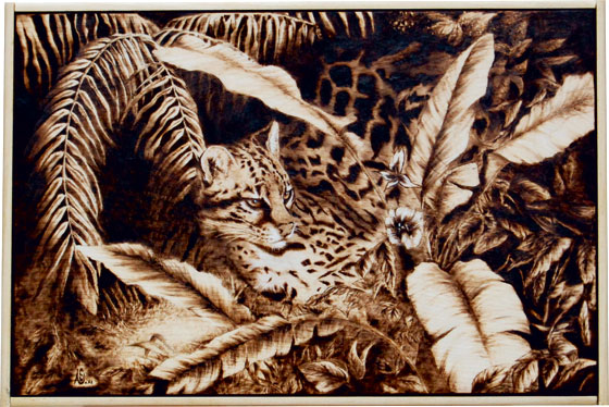 Siesta del gattopardo, pirografia su massello di acero, 20x30 cm. 2011 