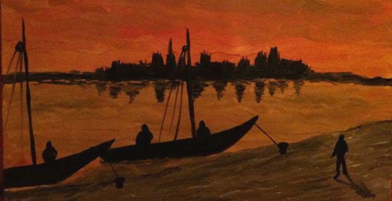 Pesca al tramonto, olio su tela, cm 70x50.