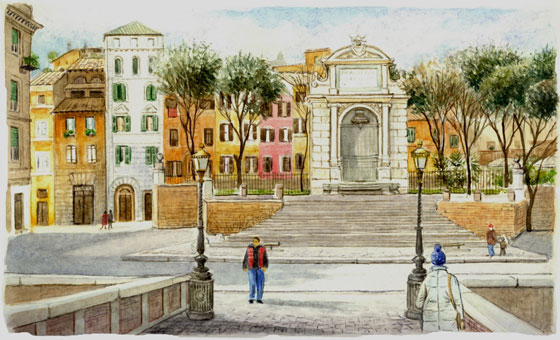 Piazza Trilussa (Roma), acquerello, 17x28 cm.