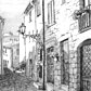 Pitigliano ( scorcio), china e mina di grafite su cartoncino bianco semiruvido, 13x18 cm.