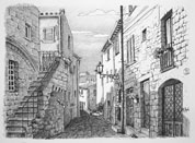 Pitigliano ( scorcio), china e mina di grafite su cartoncino bianco semiruvido, 13x18 cm.